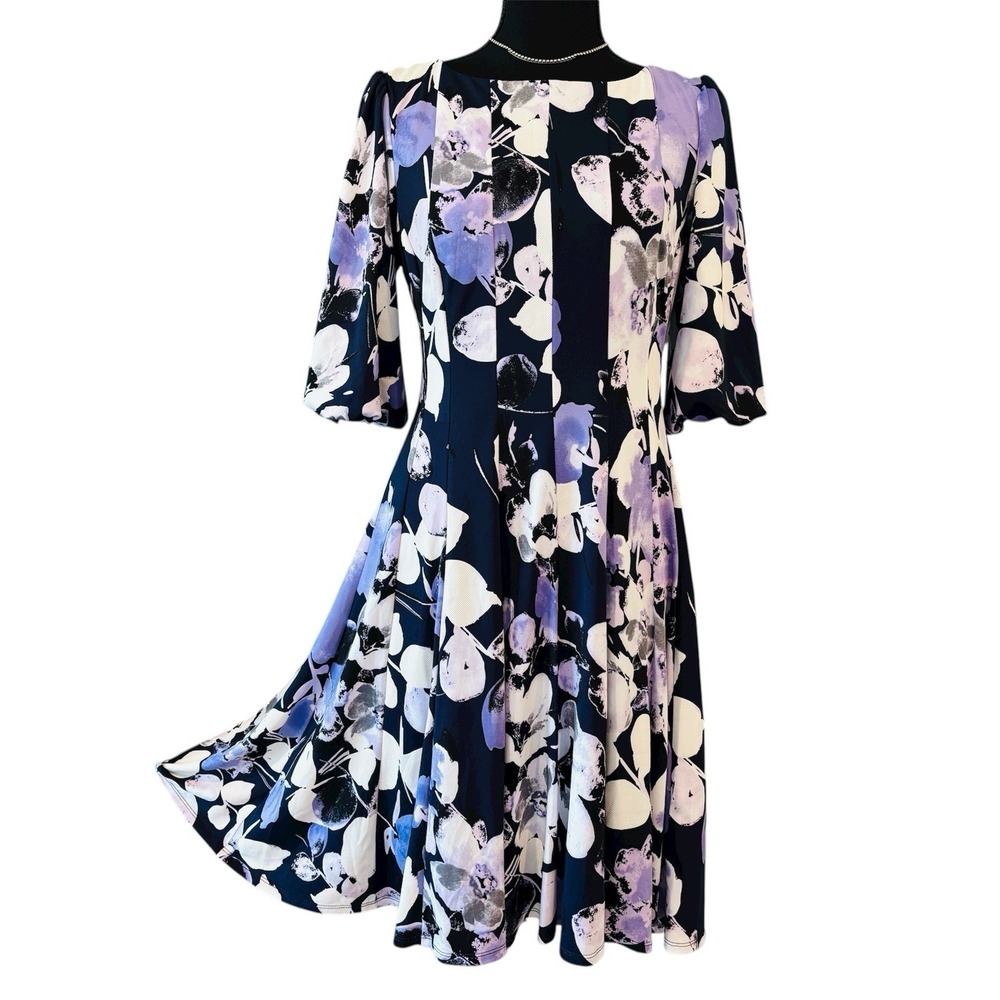 Rabbit Purple Navy Purple Floral Dress NWT | Size 4 | Bubble Sleeve Fit & Flare